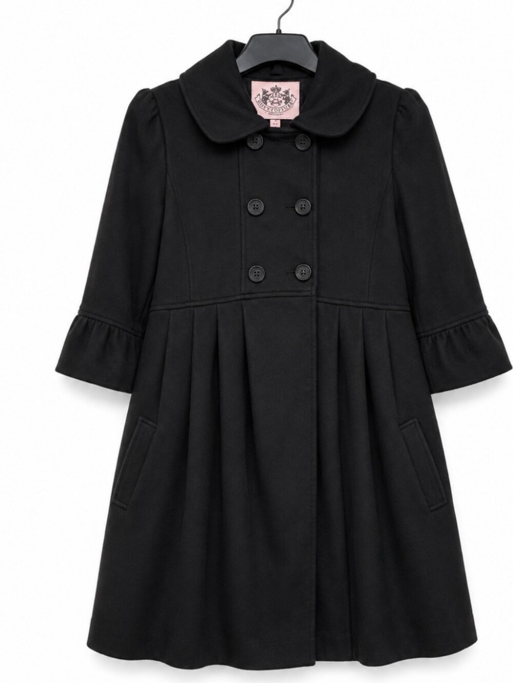 Juicy Couture Girls Size Medium Black Double-Breasted Pleated Pea Coat